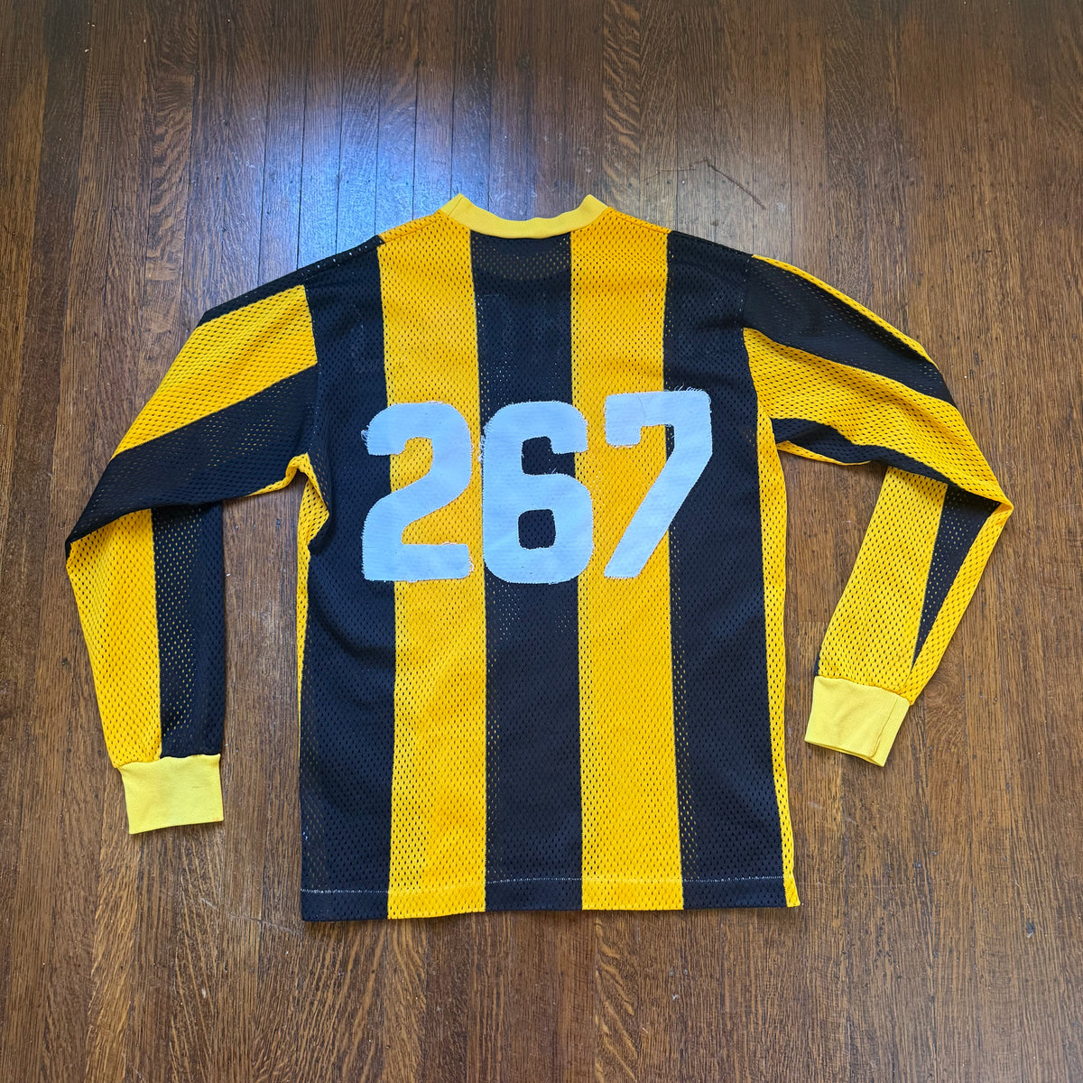 1970s Yellow and Black Stripe Mesh Motocross Jersey, Trim Size Medium, No 267