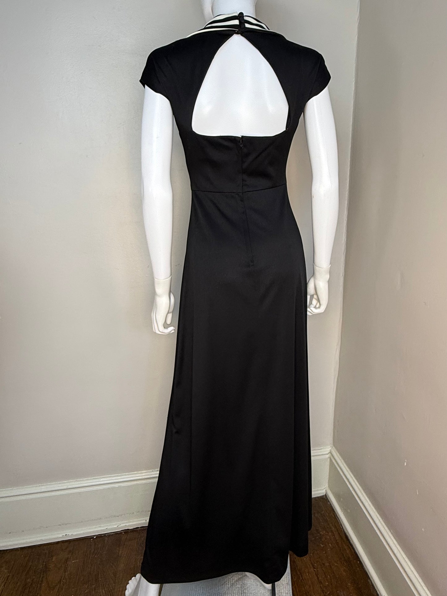 1970s Black and White Stripe Maxi Dress, Patricia Fair Size XS, Cut Out Open Back