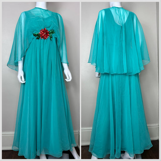 1970s Sheer Green Formal Maxi Dress with Sequin Red Poinsettia, Size S/M