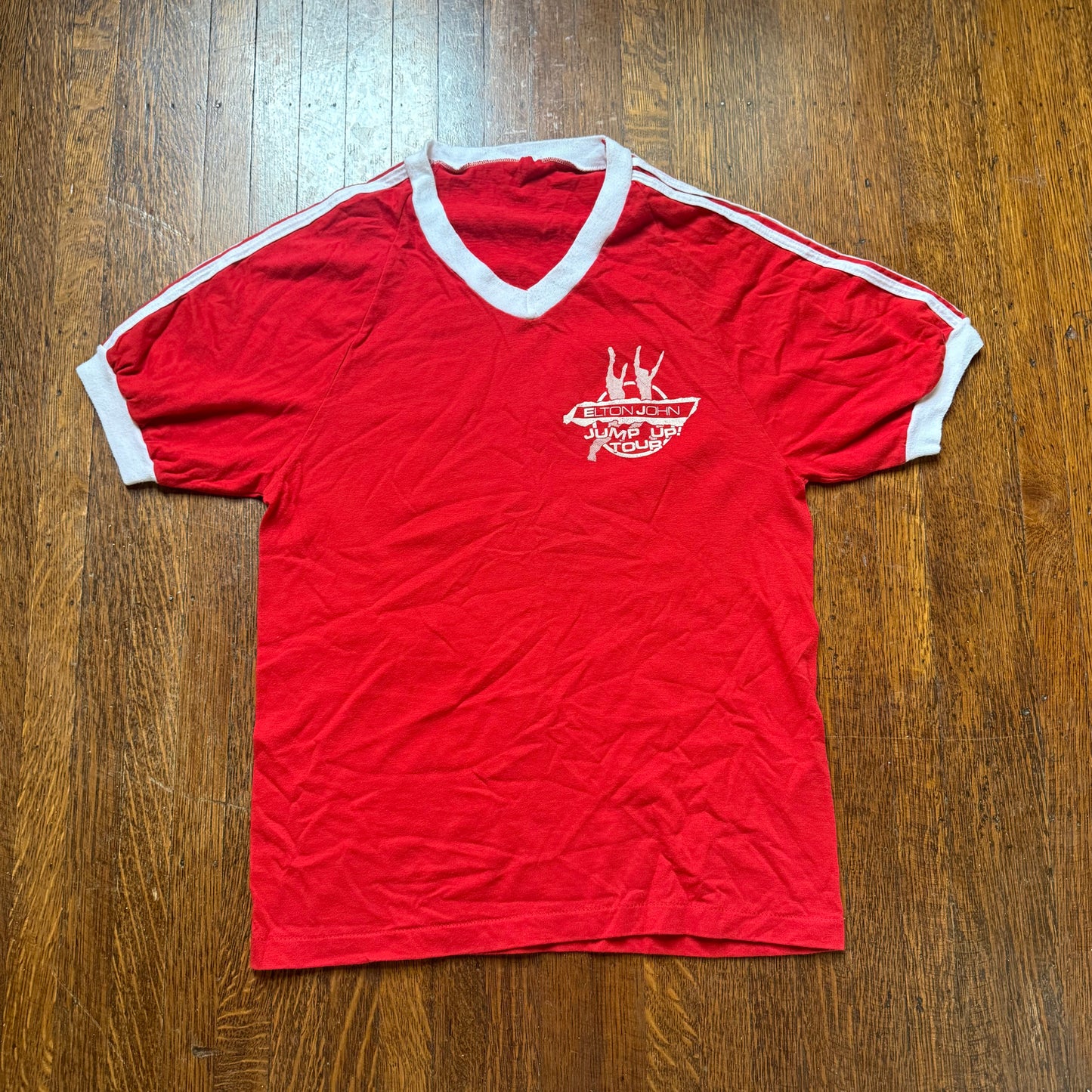 1980s Elton John Jump Up! Tour! T-Shirt, Size Small, Red V Neck Ringer Tee, 1982 Concert