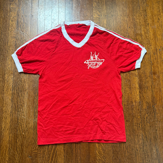 1980s Elton John Jump Up! Tour! T-Shirt, Size Small, Red V Neck Ringer Tee, 1982 Concert