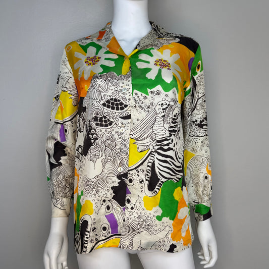 1970s Psychedelic Animals Print Long Sleeve Blouse, Size Medium