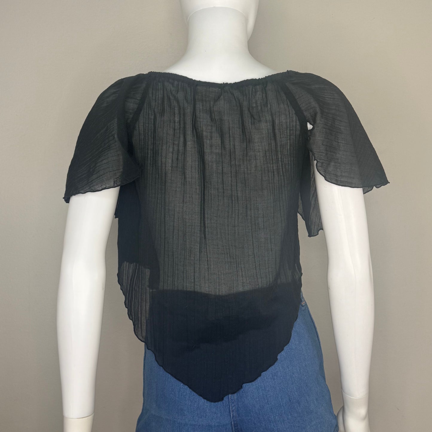 1970s Sheer Black Boho Top, Byer California Size Medium, Handkerchief Hem