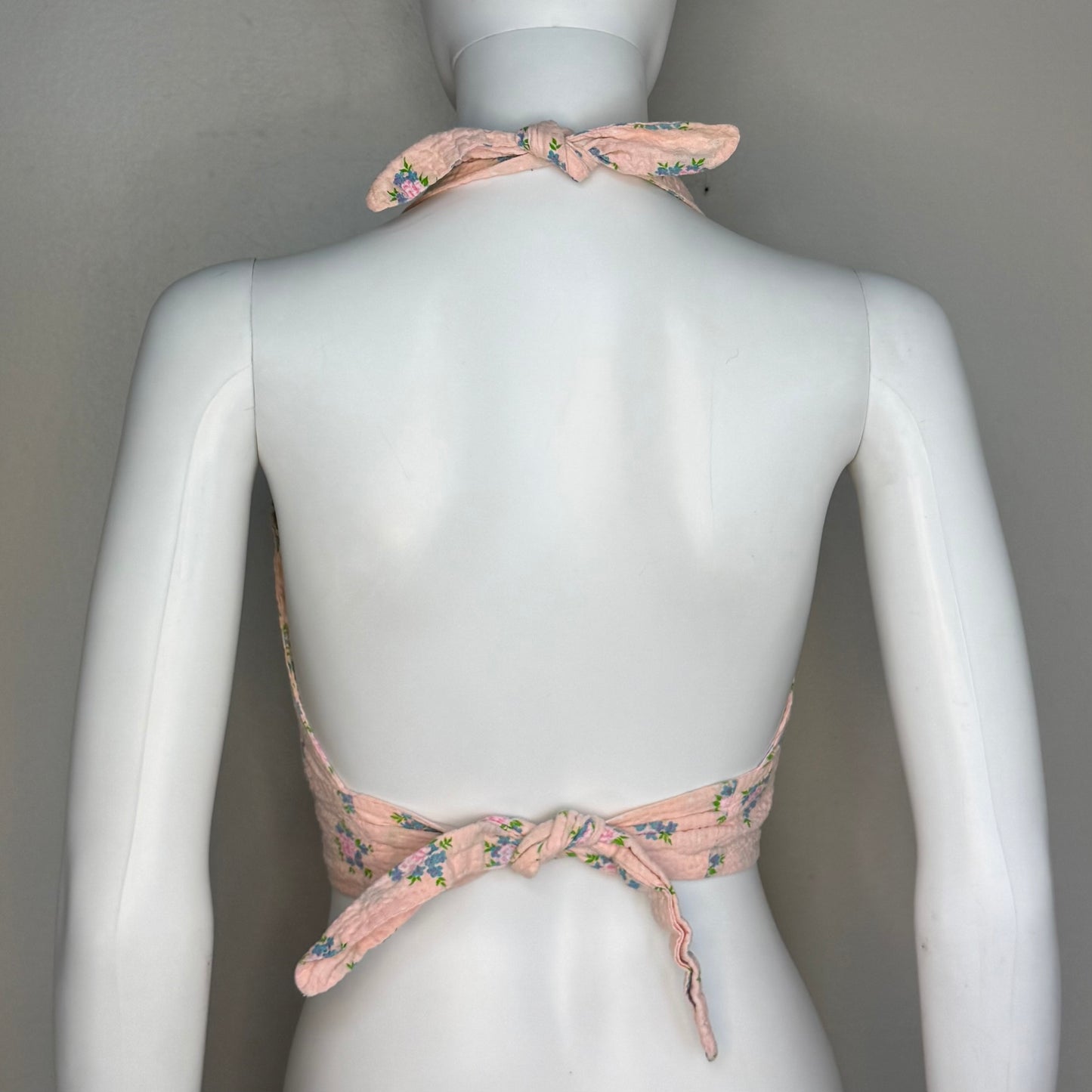 1970s Pink Floral Seersucker Cropped Halter Top, Tie, Adjustable Size XS to Medium