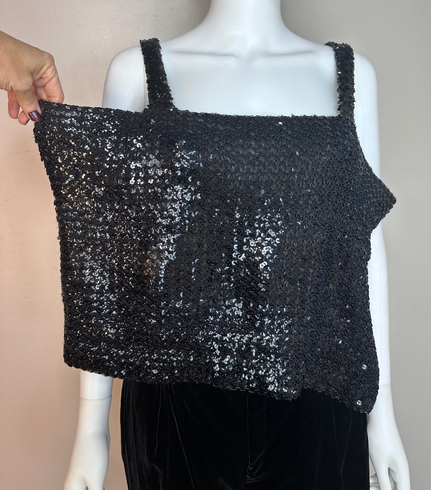 1970s Disco Black Sequin Tube Top with Straps, Size XXL