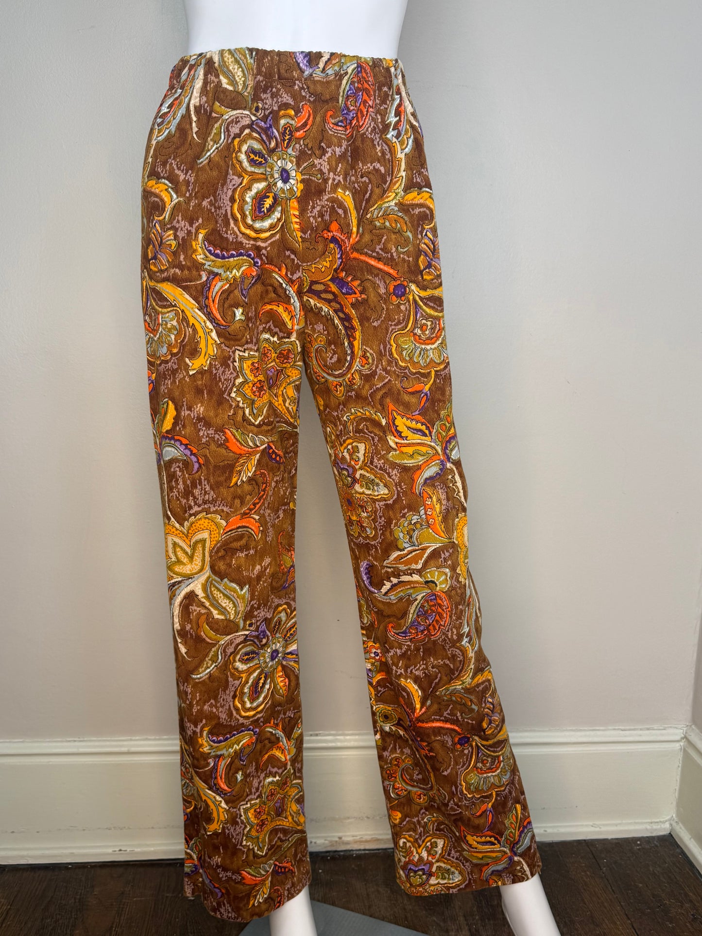 1960s Brown Paisley Cotton Barkcloth Mini Dress and Pants Set, Handmade Size Medium
