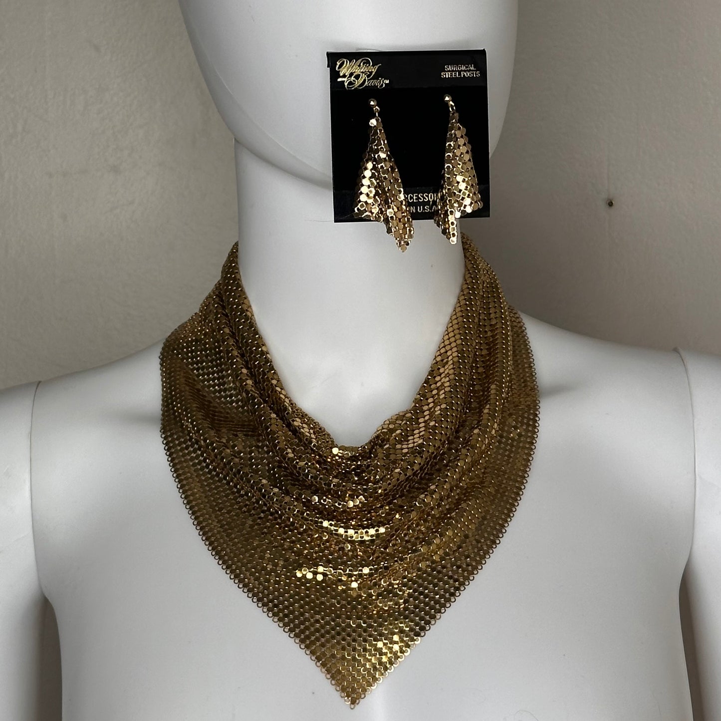 1980s Whiting and Davis Gold Tone Mesh Bib Necklace and Earrings Set