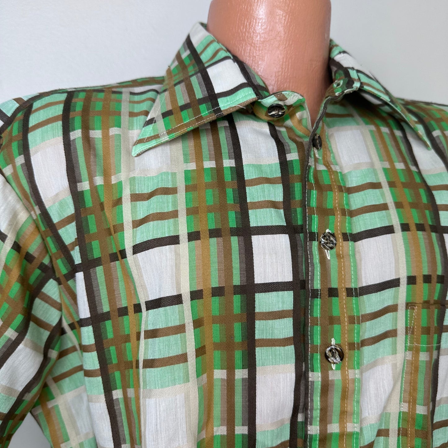 1970s/80s Green Plaid Short Sleeve Shirt, Omni New York Size XL