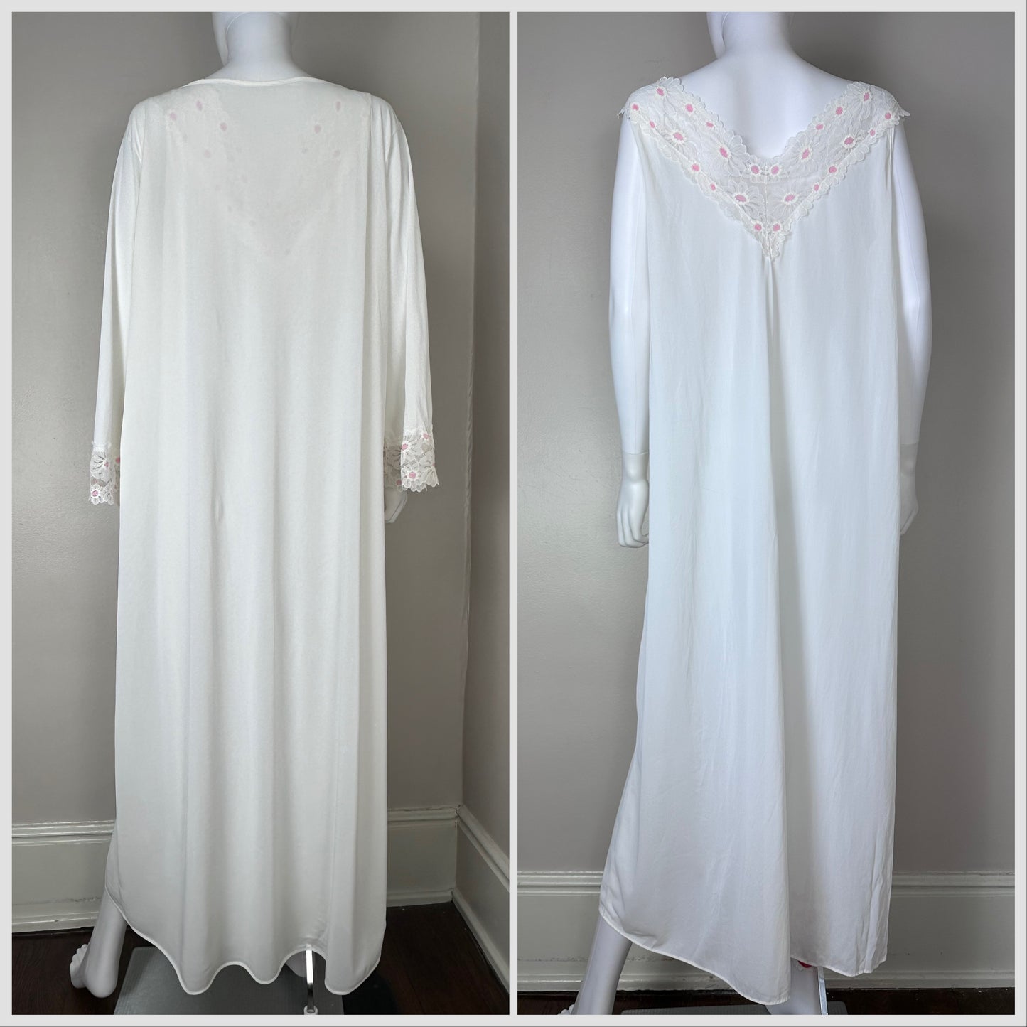 1960s/70s White Nylon Peignoir Set with Pink and White Floral Lace, Perfectform Size XL, Nightgown and Robe, Bell Sleeves