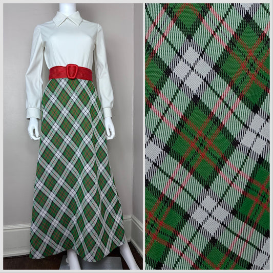 1970s Green Plaid Maxi Dress, Size XS/Small