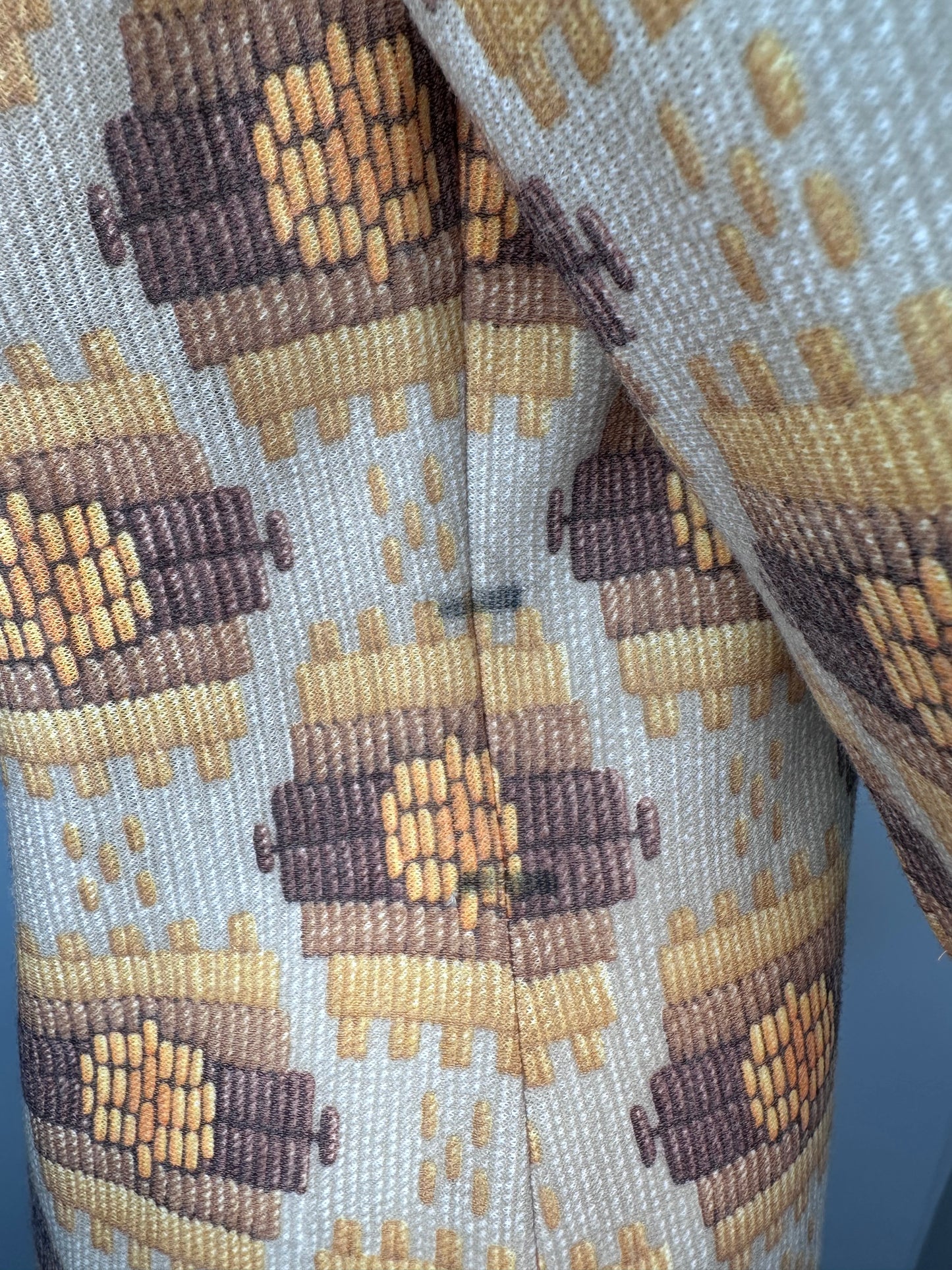 1970s Geometric Print Dress with Wide Belt, Size Medium, Yellow and Brown