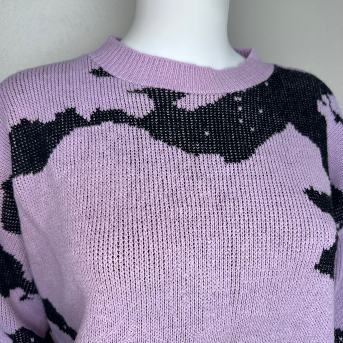 1980s Lavender and Black Sweater, Size Medium, Abstract Ink Stain Design