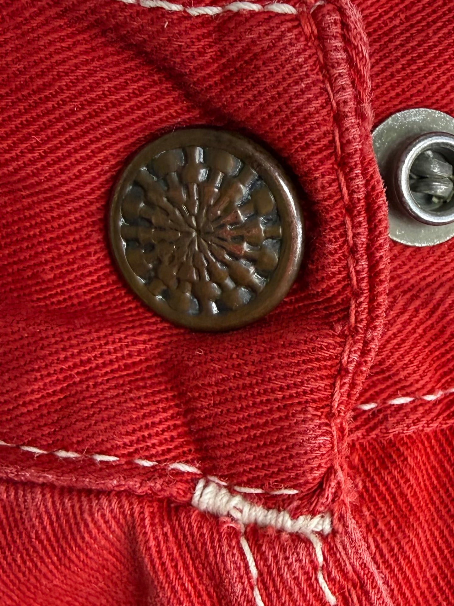 1950s Side Zip Red Denim Pedal Pushers, Cropped Dungarees, Stephens Size XXS, 23.5"x16"