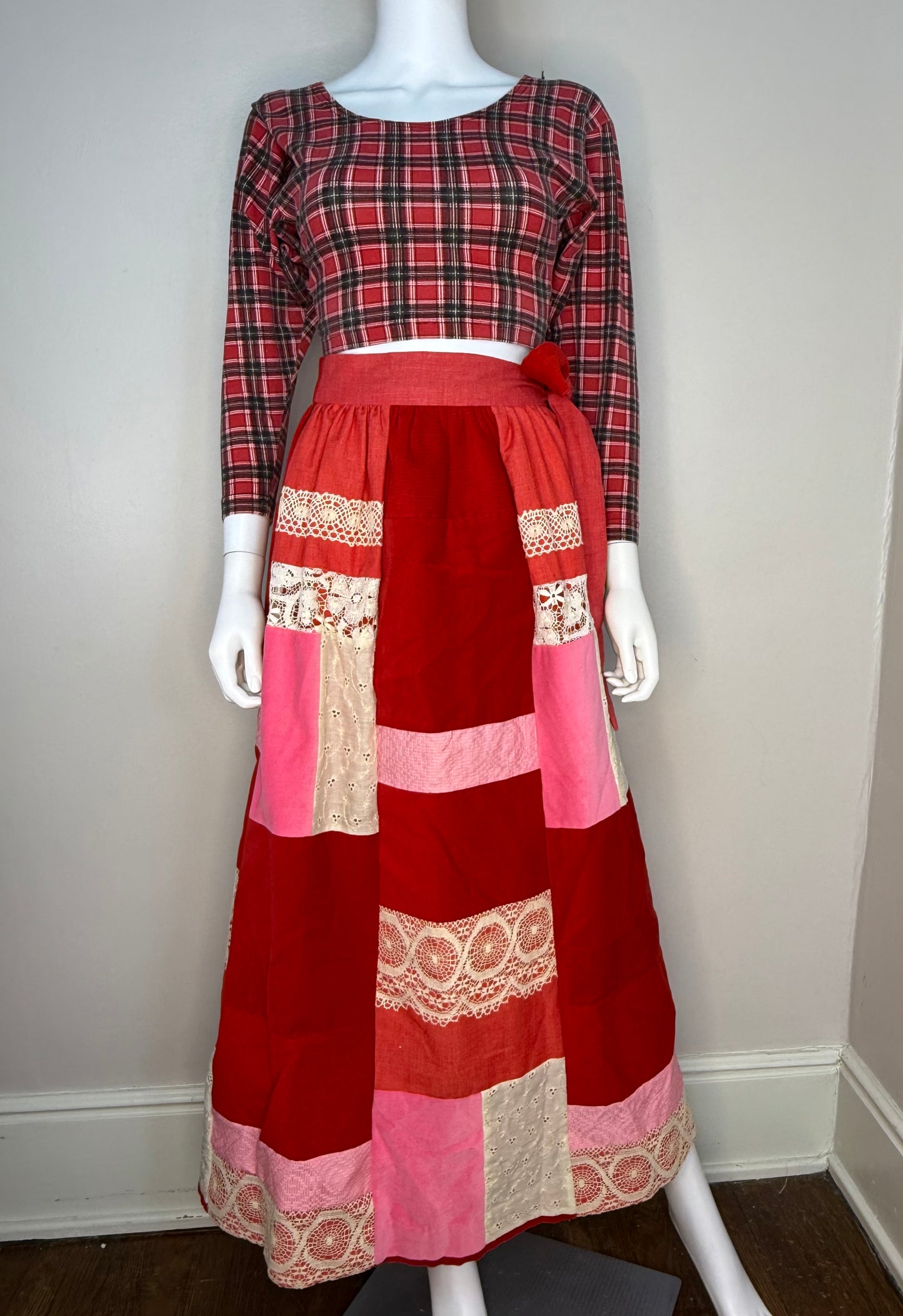 1970s Red and Pink Patchwork Maxi Skirt, Velvet, Lace, Size XXS