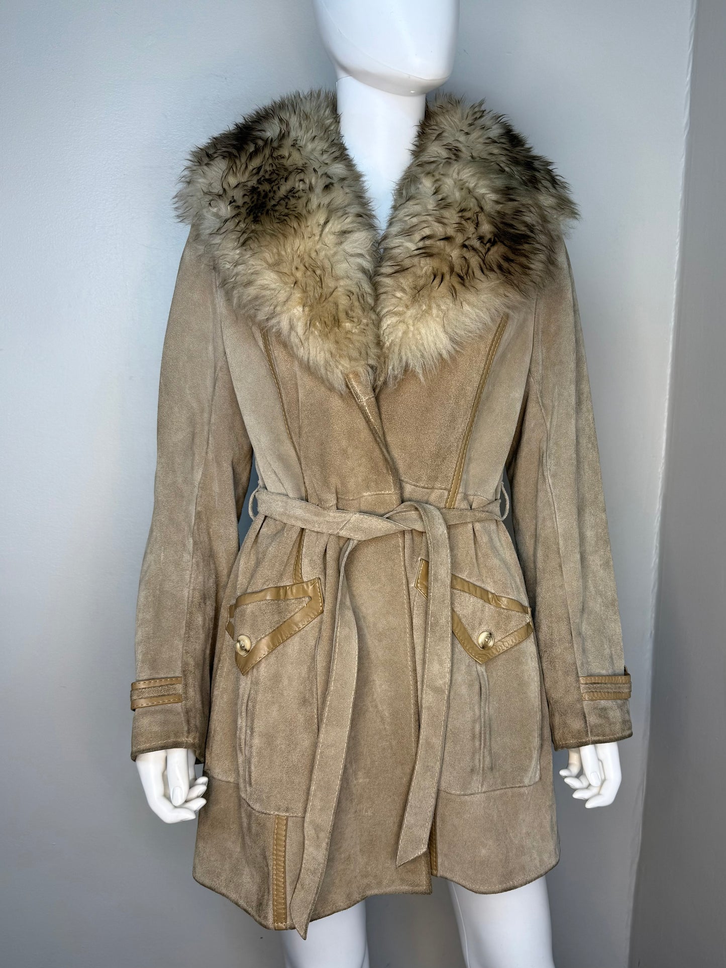 1970s Leather Coat with Lamb Fur Collar, Size Small, Penny Lane