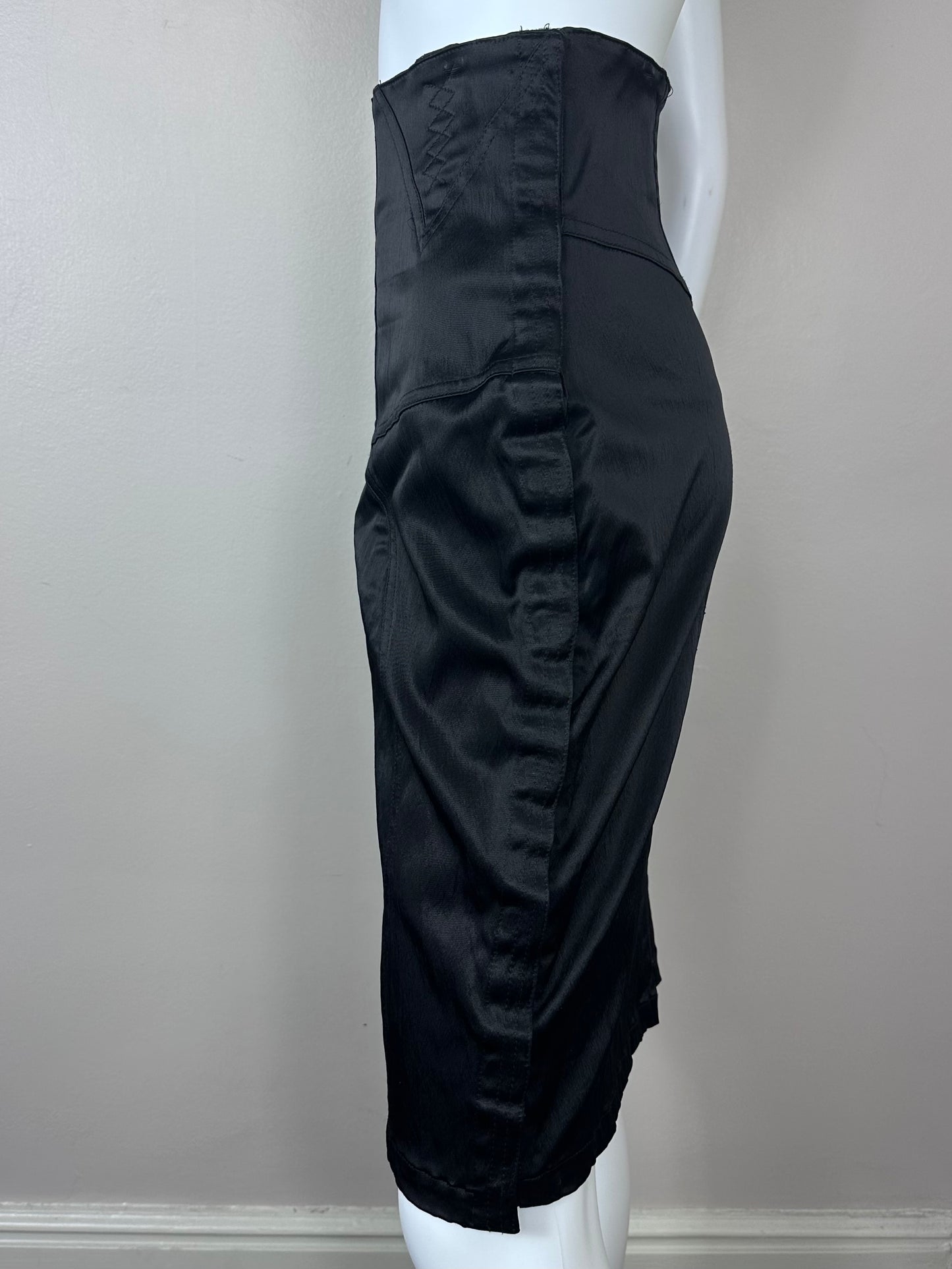 1980s Black Satin Pencil Skirt, Marithe Francois Girbaud Closed Size Small, Bondage and Lingerie Inspired