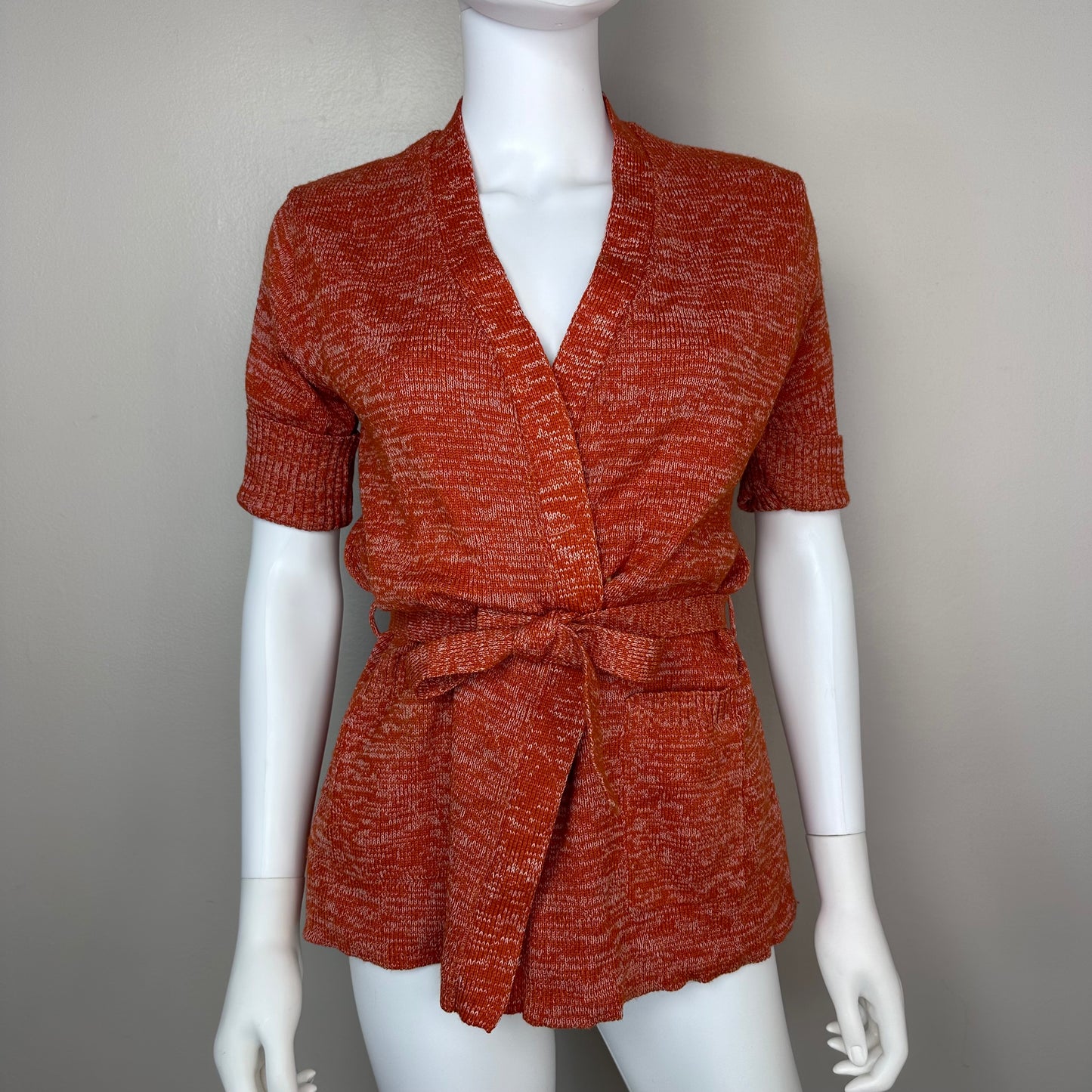 1970s Burnt Orange Short Sleeve Wrap Cardigan Sweater, Belted, Sheridan Creations Size Small