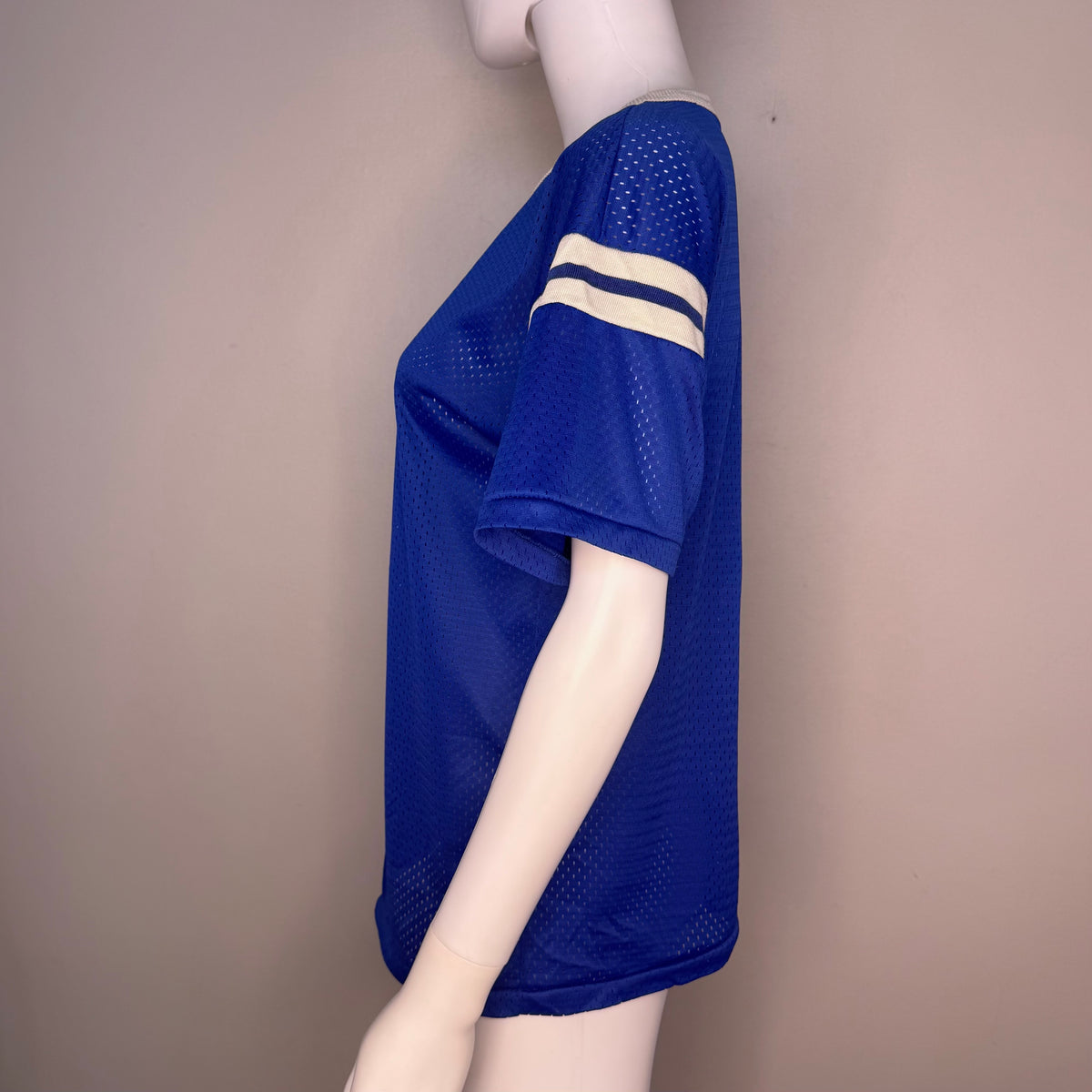 1970s/80s Blue Mesh Jersey T-Shirt, Hutchison Size Small, Shoulder Stripes
