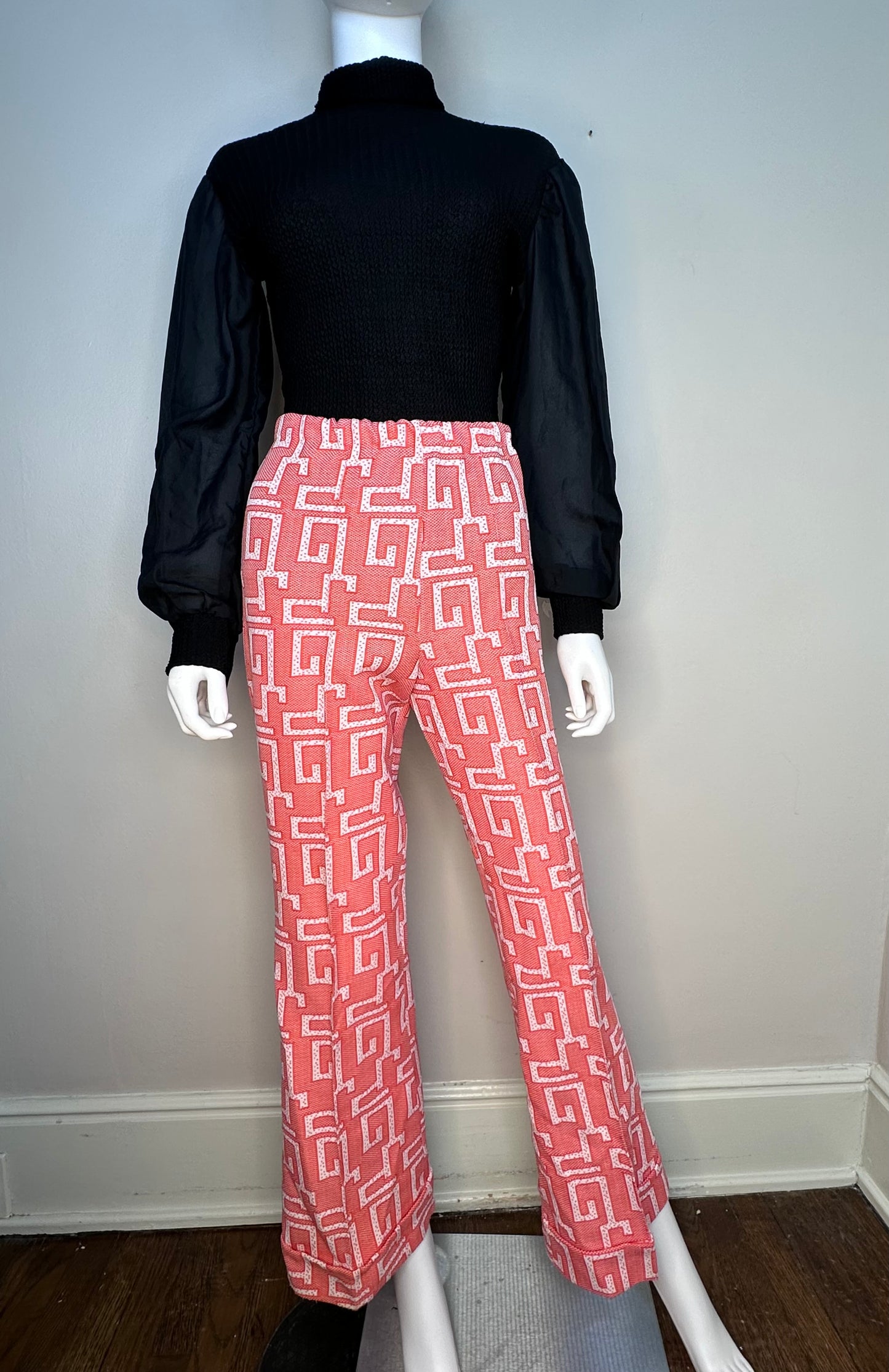 1970s Funky Orange Geometric Design Bellbottom Polyester Pants, Size Small-Medium, Elastic Waist