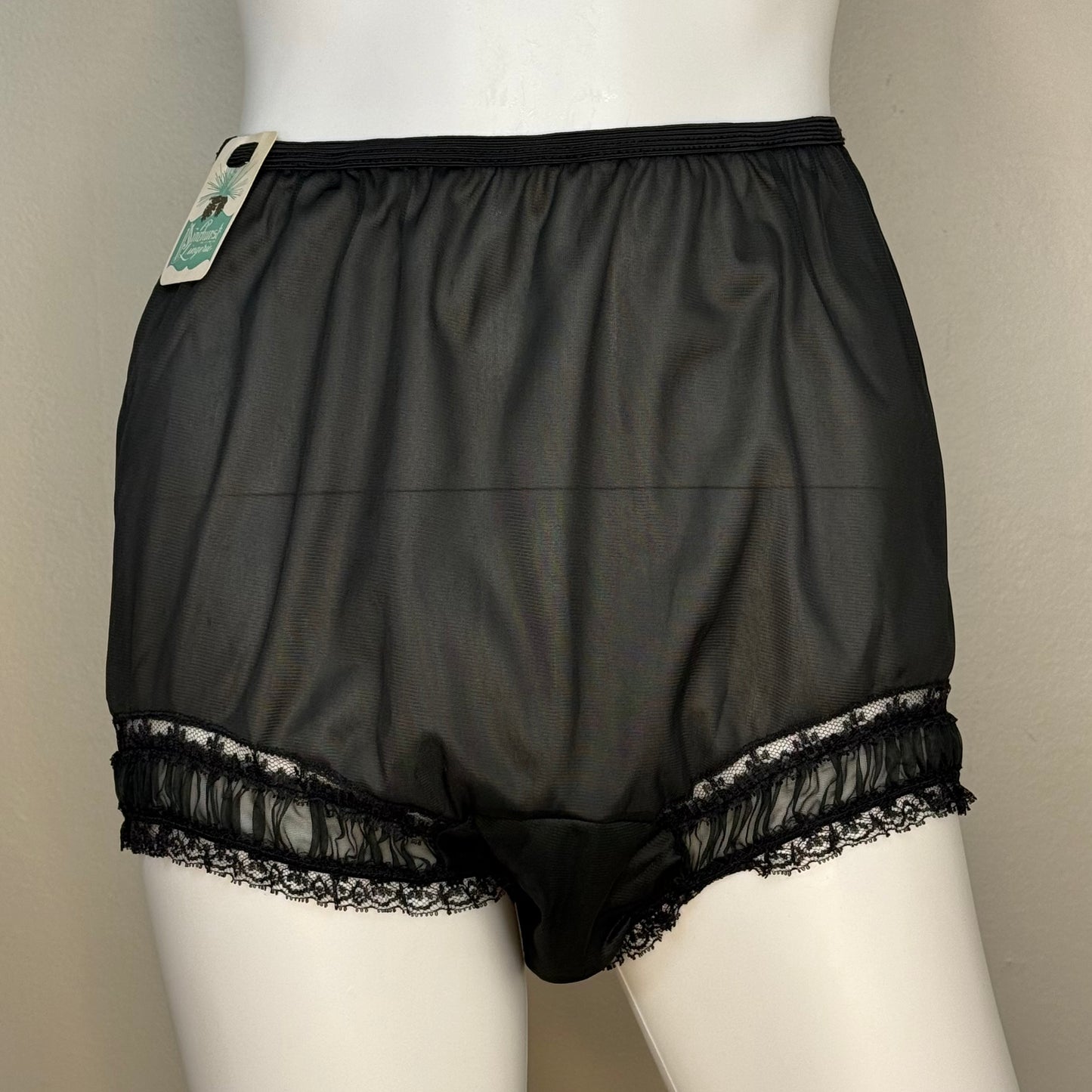 1950s Black Nylon High Waisted Panties, Pinehurst Lingerie Size 7, New Deadstock with Tag