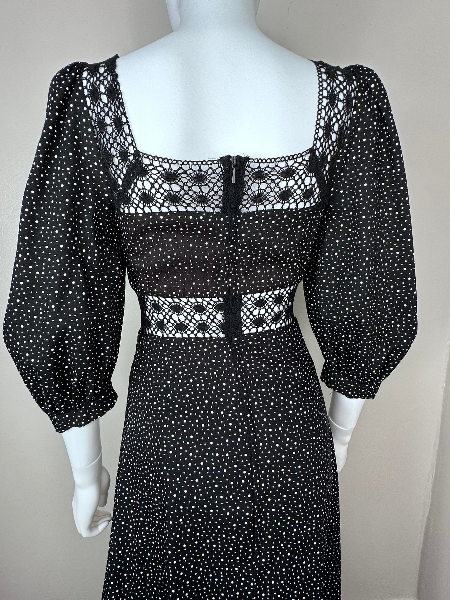 1970s Black and White Polka Dot Maxi Dress, Puszta Size XXS, Lace Cut Outs