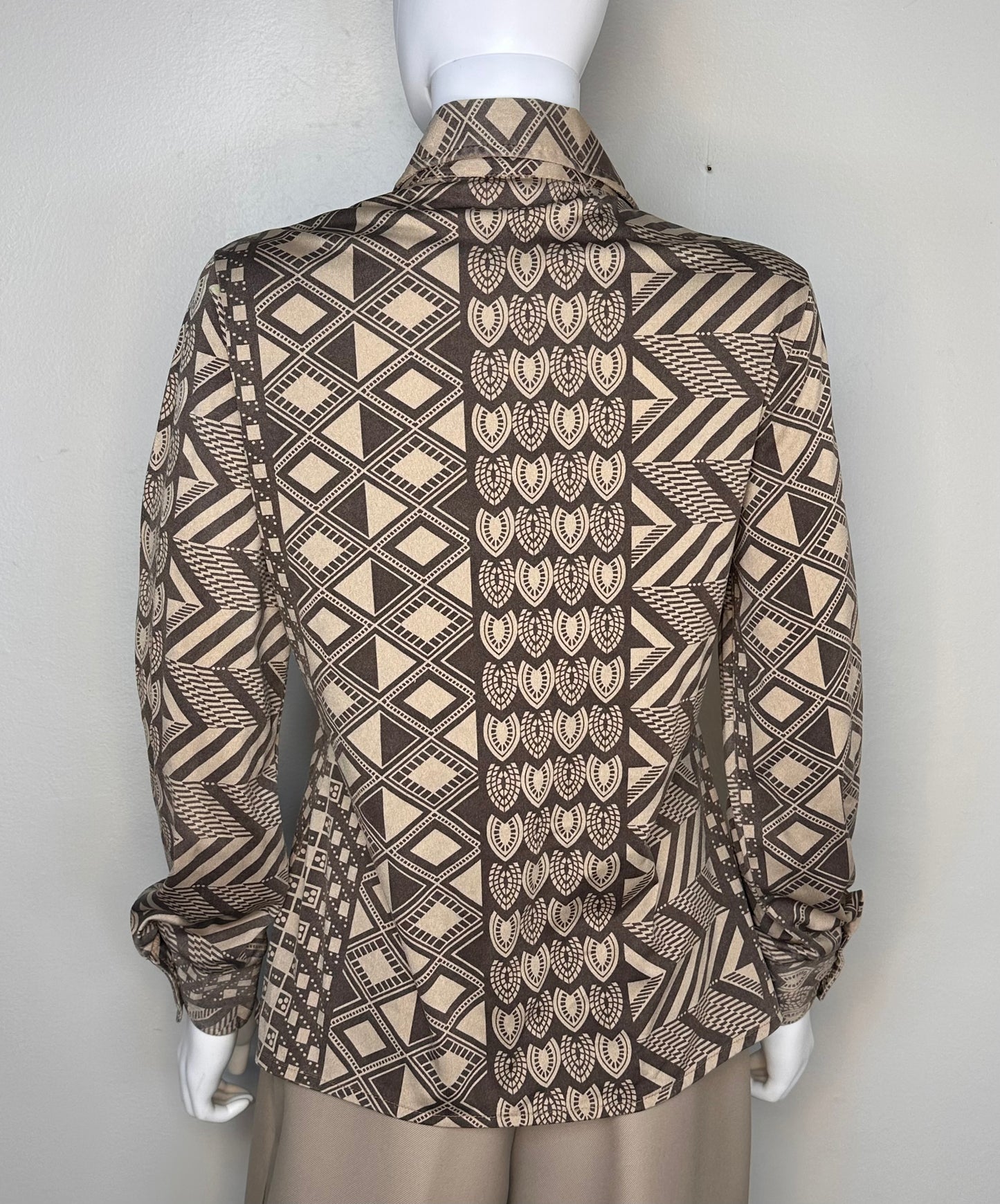 1970s Brown Geometric Art Deco Print Long Sleeve Blouse, Jantzen Size Medium