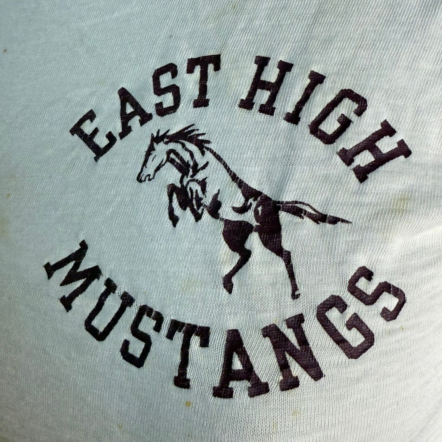 1960s East High Mustangs Ringer T-Shirt, Champion Products Size XS, Distressed