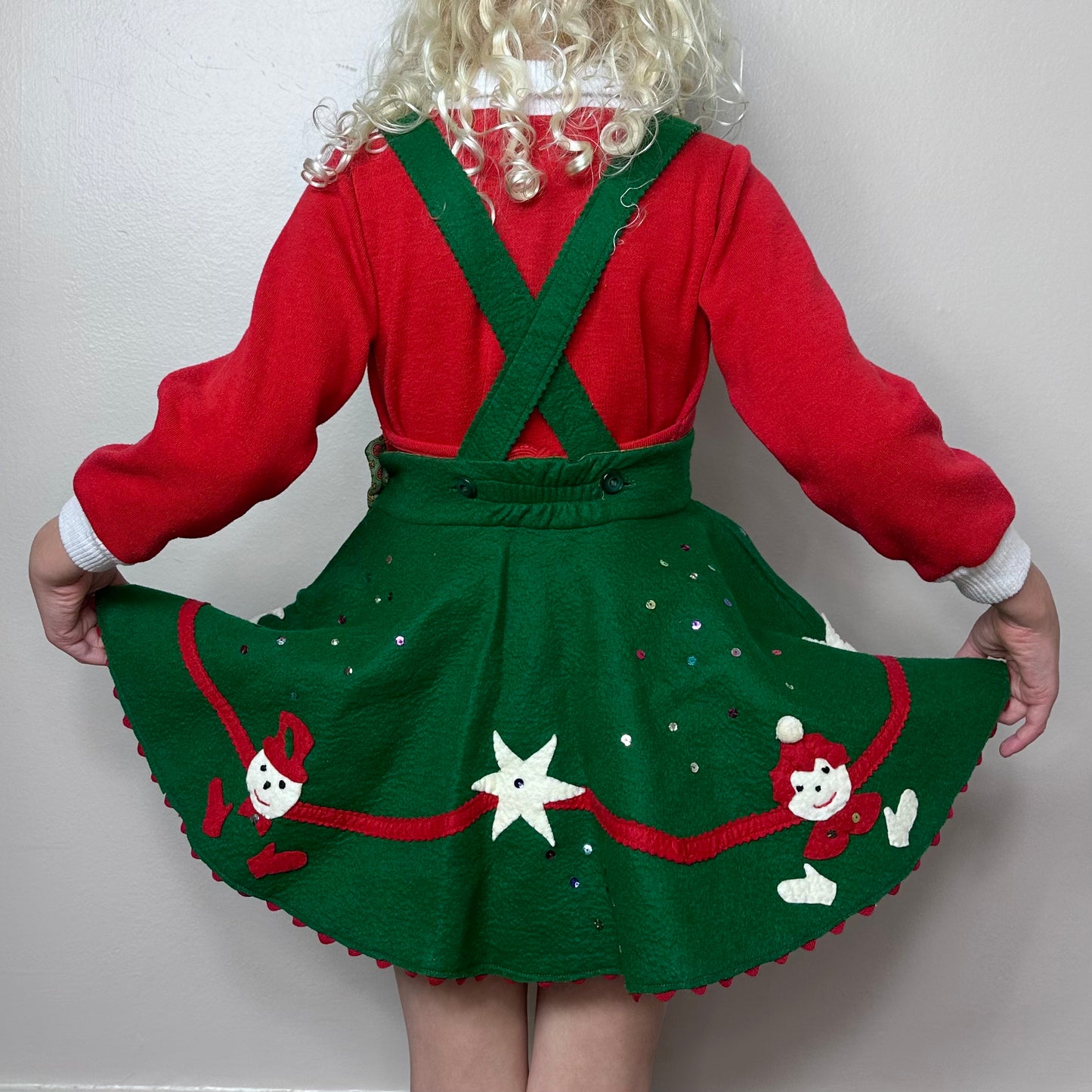 1950s Girls’ Kitschy Felt Christmas Suspenders Skirt with Matching Ear Muff, Handmade Size 4T