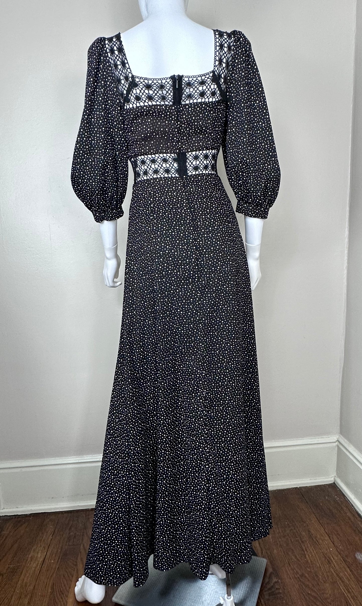 1970s Black and White Polka Dot Maxi Dress, Puszta Size XXS, Lace Cut Outs