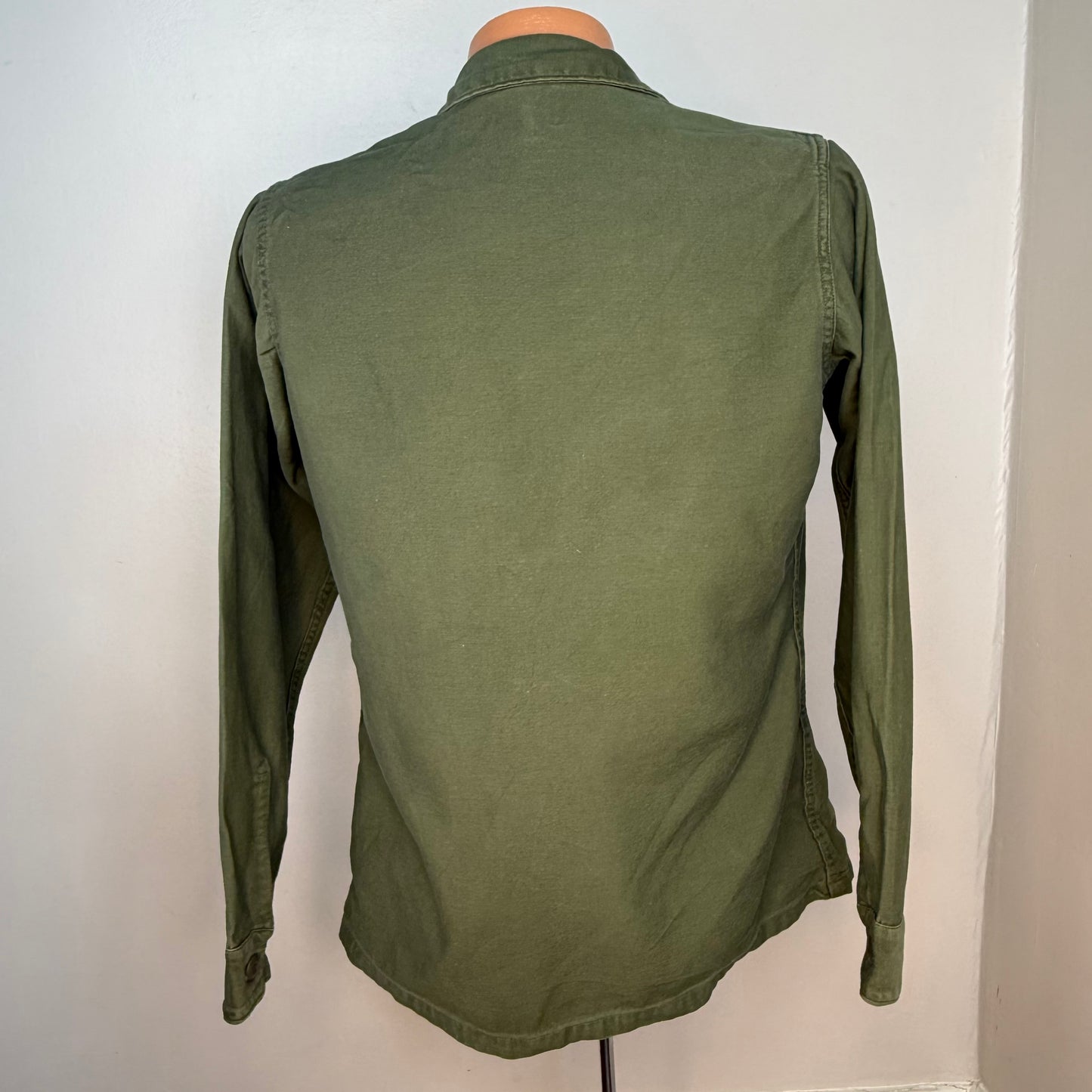 1960s USMC Shirt, Sateen OG 107 Cotton Sateen, Size S/M, US Marine Corps Stencil, Vietnam War Era Uniform