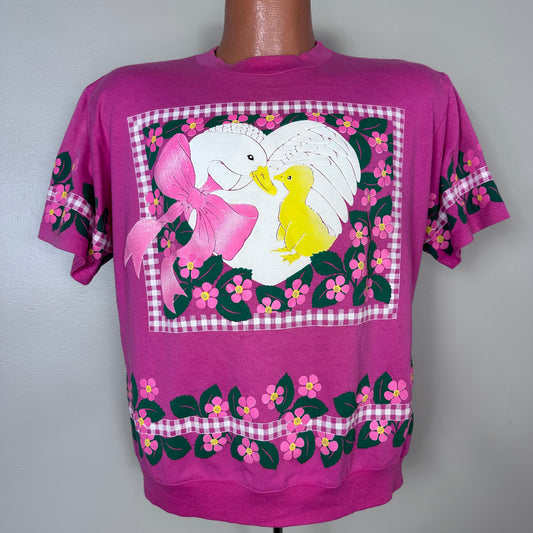 1990s Spumoni All Over Print T-Shirt, Size Large, Cute Swan, Hearts, Flowers