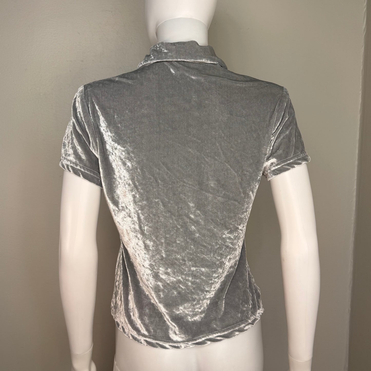 1990s/Y2K Silver Velour Top, Self Esteem Size Medium, Zip Velvet Polo Shirt