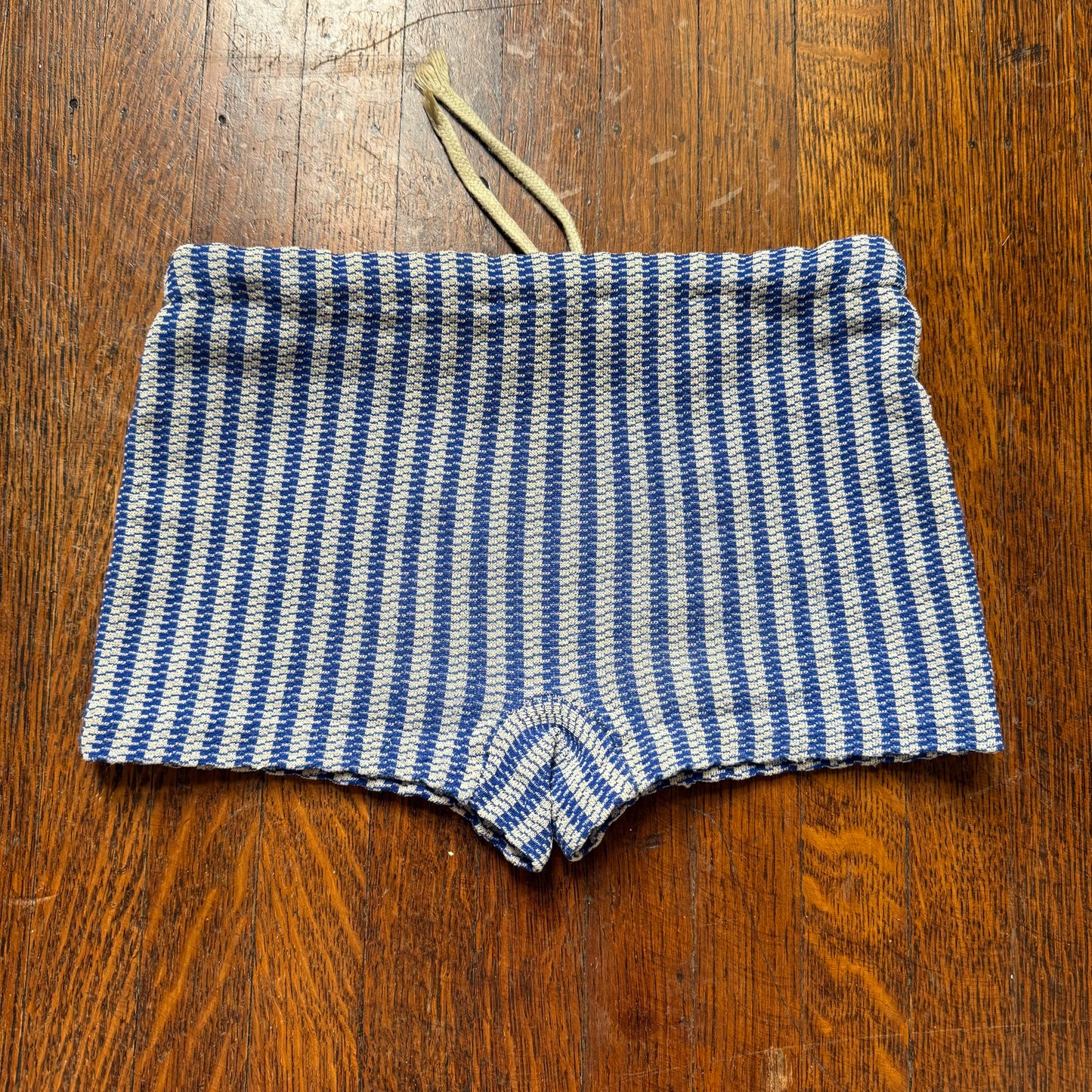 1970s Boys’ Blue Stripe Swim Trunks, Stretch Swimsuit Size 6/7