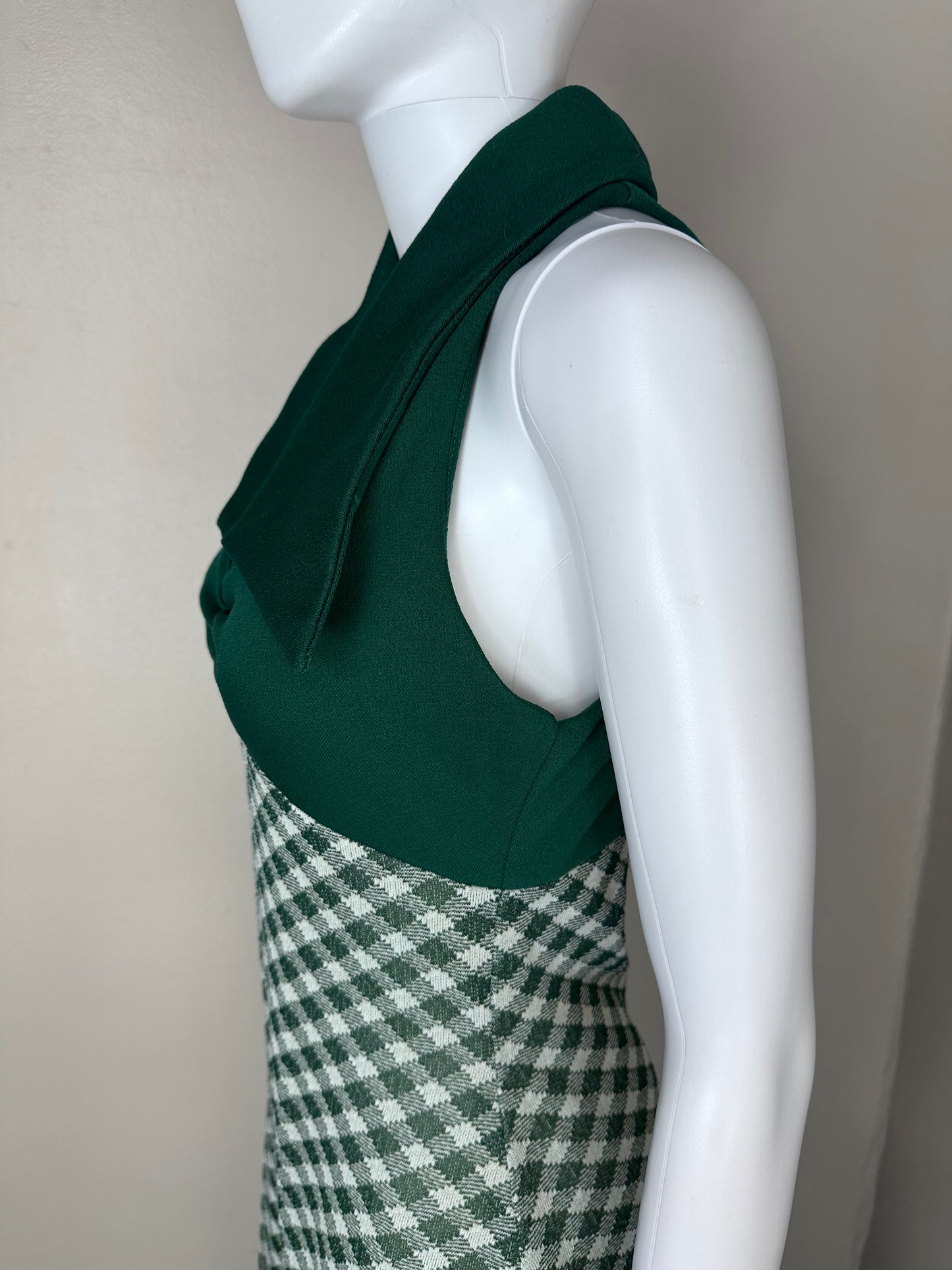 1970s Green Plaid Polyester Double Knit Dress with Huge Collar, Size Small