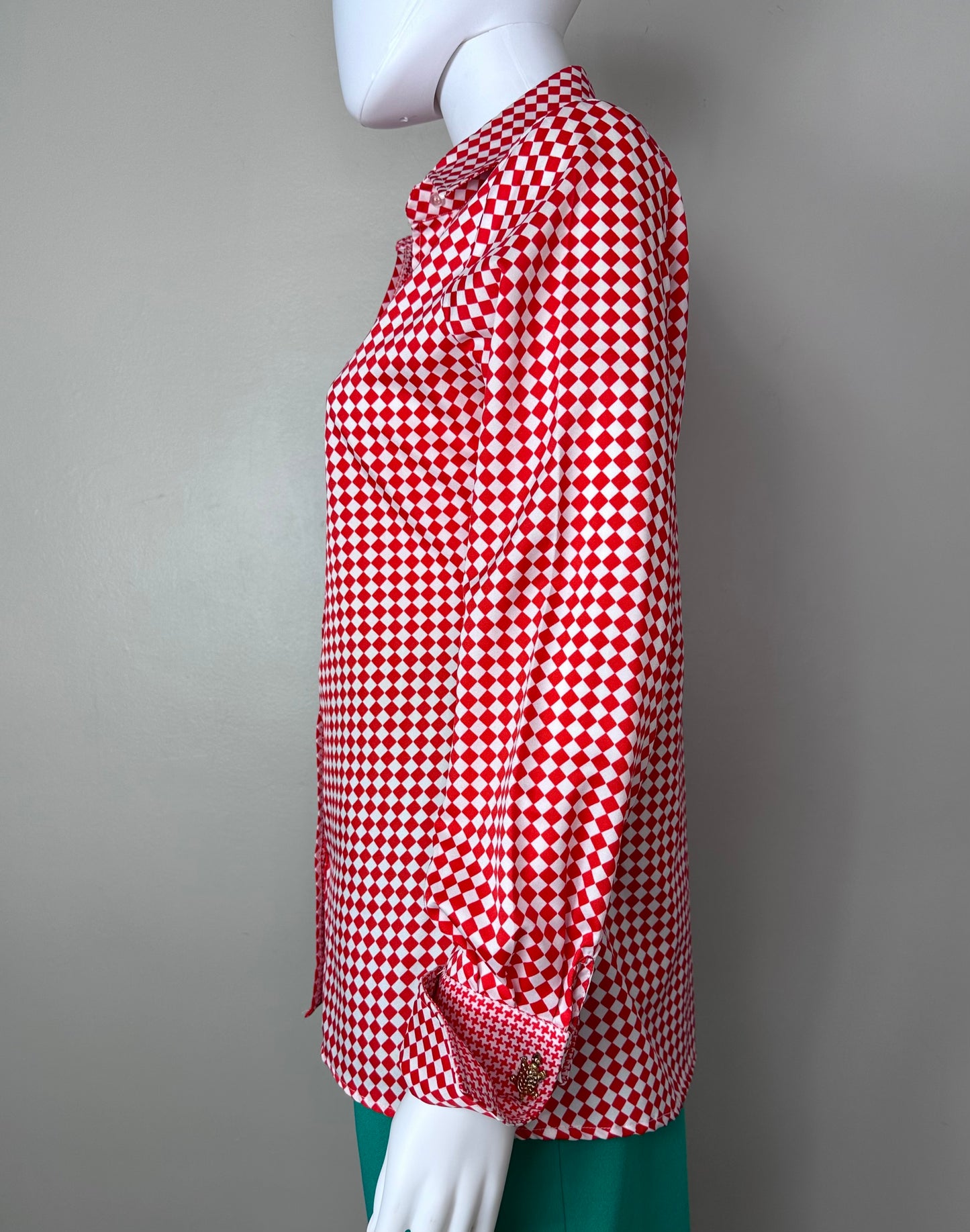 1970s Red and White Check Blouse with Turtle Cufflinks, Adelaar Man Tailored Shirt with French Cuffs size Medium