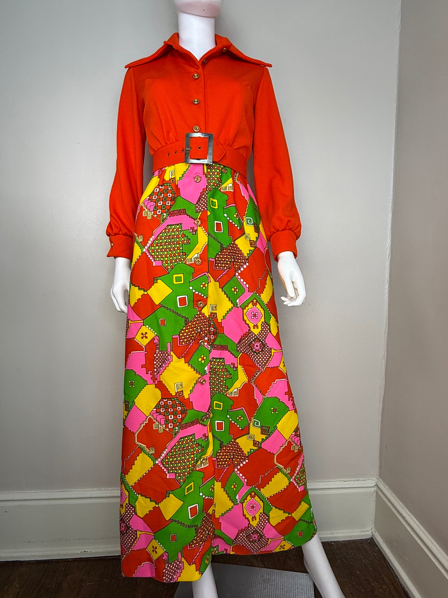 1970s Bright Psychedelic Print Maxi Dress, Orange Bodice, Junior Sixes Inc Size XS/S