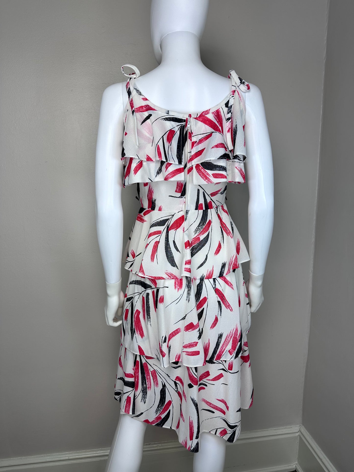 1970s Ruffle Sundress, Sunshine Alley Size XS, Abstract Print, Sleeveless Dress