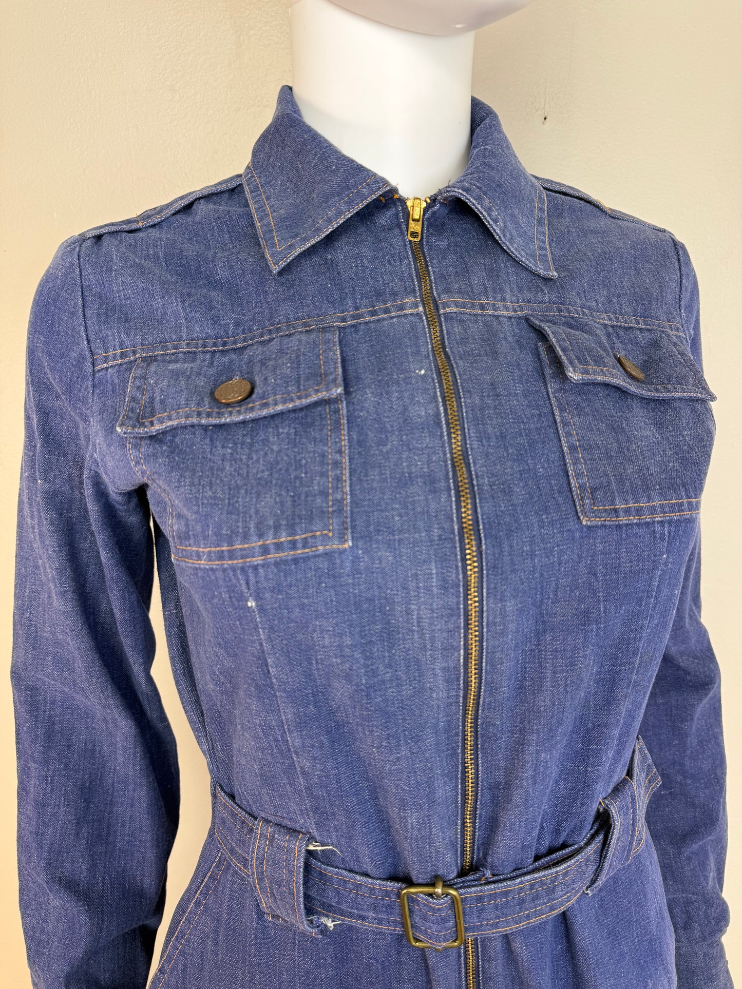 1970s Denim Zip Up Jumpsuit, Long Sleeve, Flare Leg, Sears Jr Bazaar XS/Small Tall