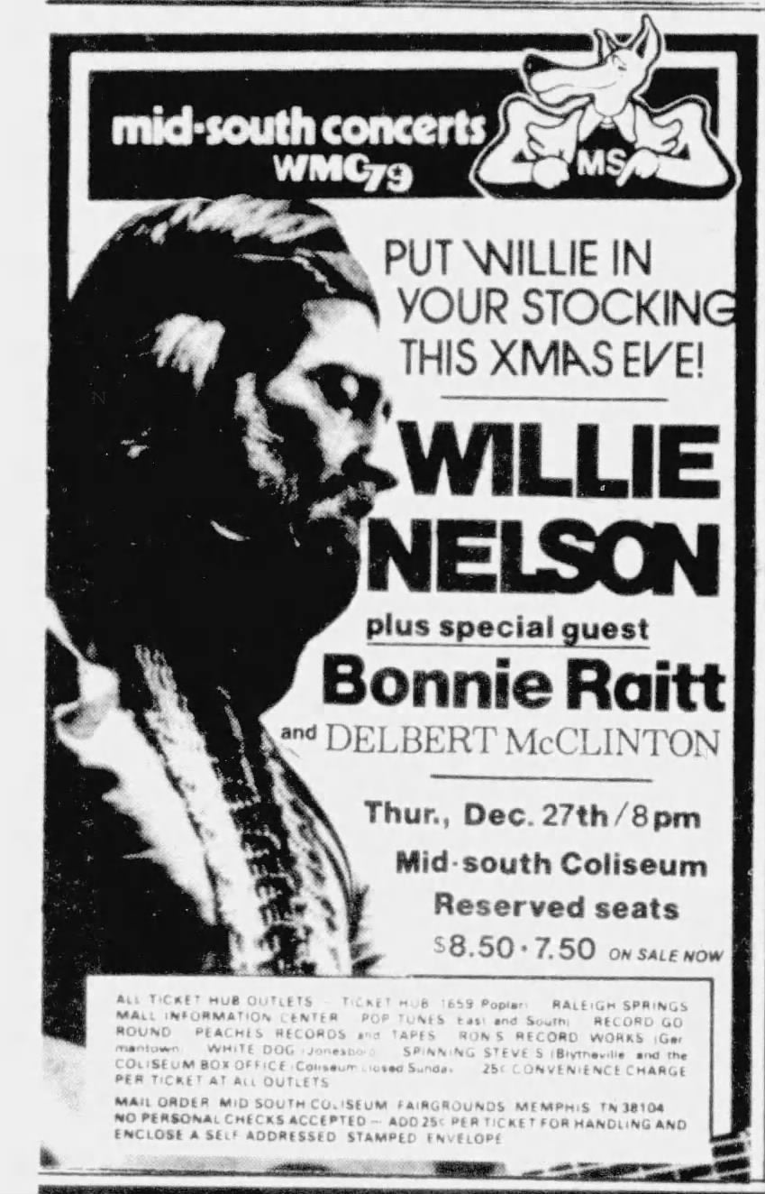 1970s Willie Nelson Concert T-Shirt, Bonnie Raitt, Mid South Coliseum Memphis, Fantasy Size Small, Parking Lot Tee