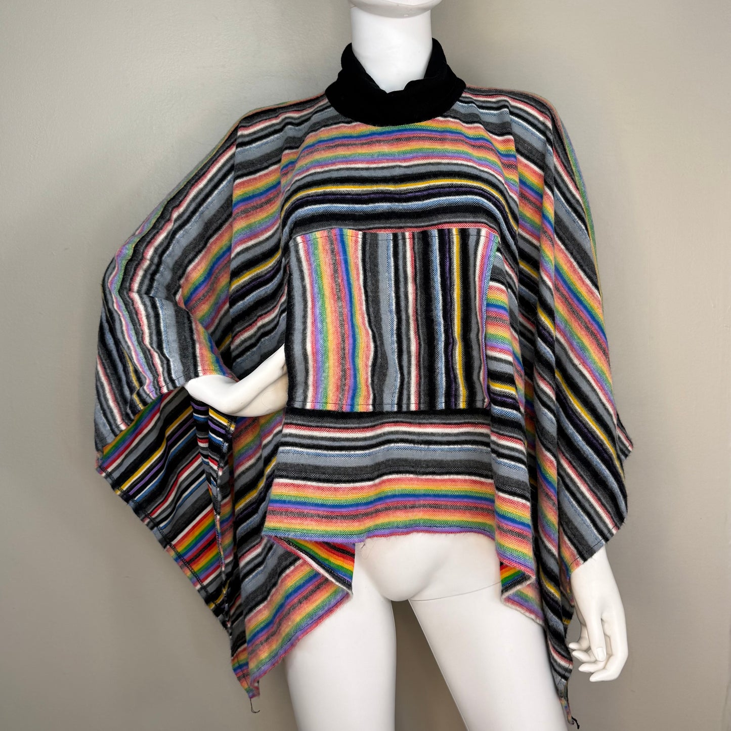 1970s Rainbow Stripe Fuzzy Poncho, Knit Turtleneck, One Size Fits All