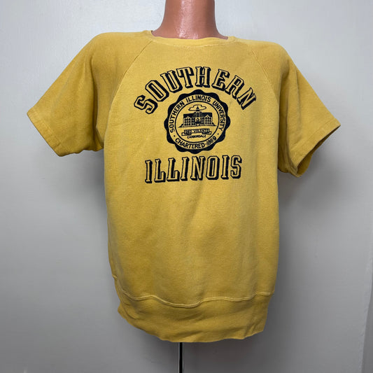 1950s Southern Illinois University Short Sleeve Sweatshirt, Mustard Yellow with Flocked Print