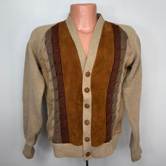 1960s Men’s Tan Wool and Brown Suede Cardigan Sweater, Gloray Knitting Mills Size Medium