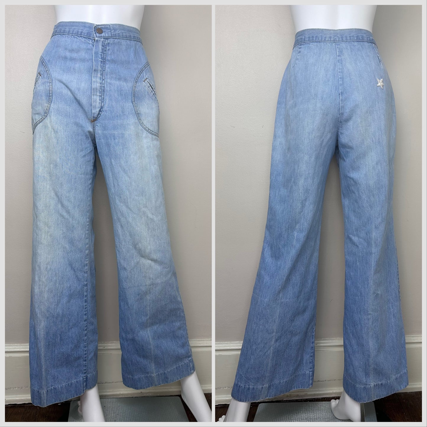 1970s Flare Leg Jeans, Gene’s Jeans, 26.5x29.5, Light Wash Denim, High Wasited