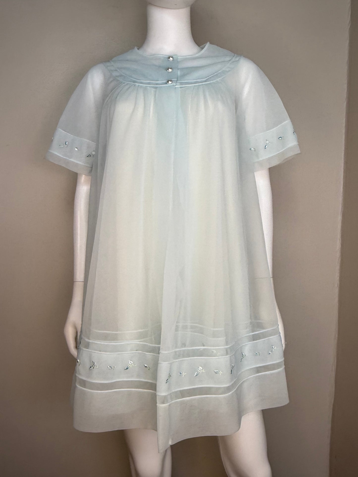 1960s Pale Blue Peignoir Set, Nightgown and Short Sleeve Robe, Shadowline Petite Size XS