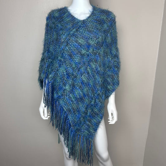 Vintage Blue and Green Space Dye Shawl, Handmade, One Size, Poncho, Cape