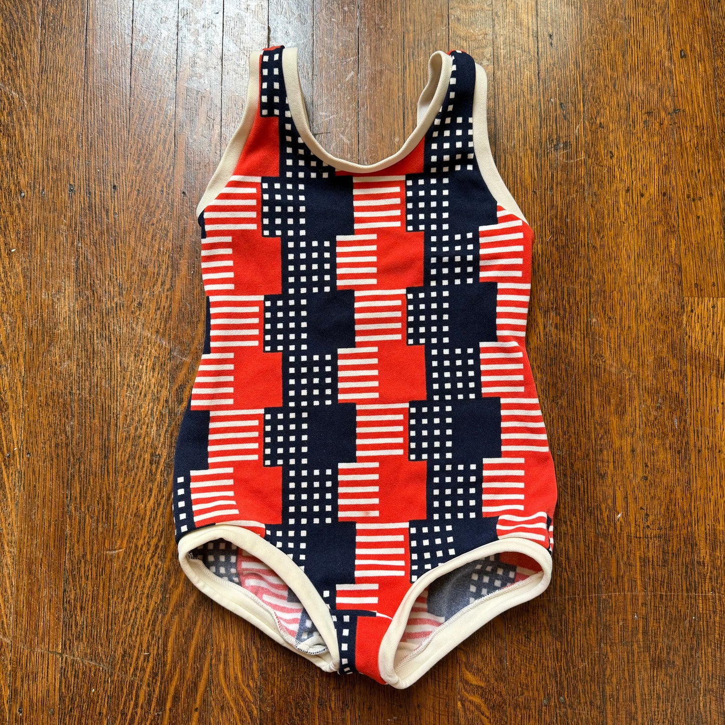 1970s Red White and Blue Geometric Print Girls’ Swimsuit, One Piece, Florence Eiseman Size 8