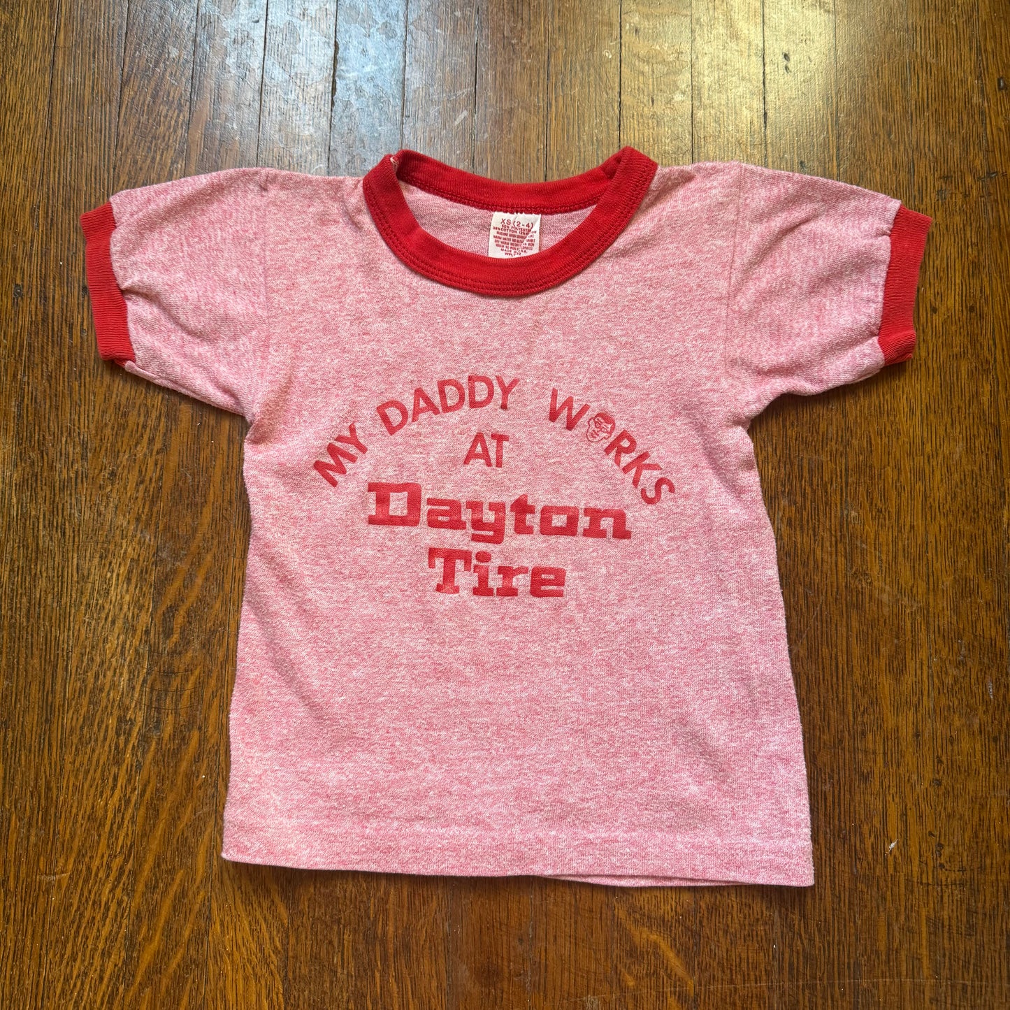 1970s/80s Kids' My Daddy Works at Dayton Tire Ringer T-Shirt, Sportswear by Wolf Size 2-4