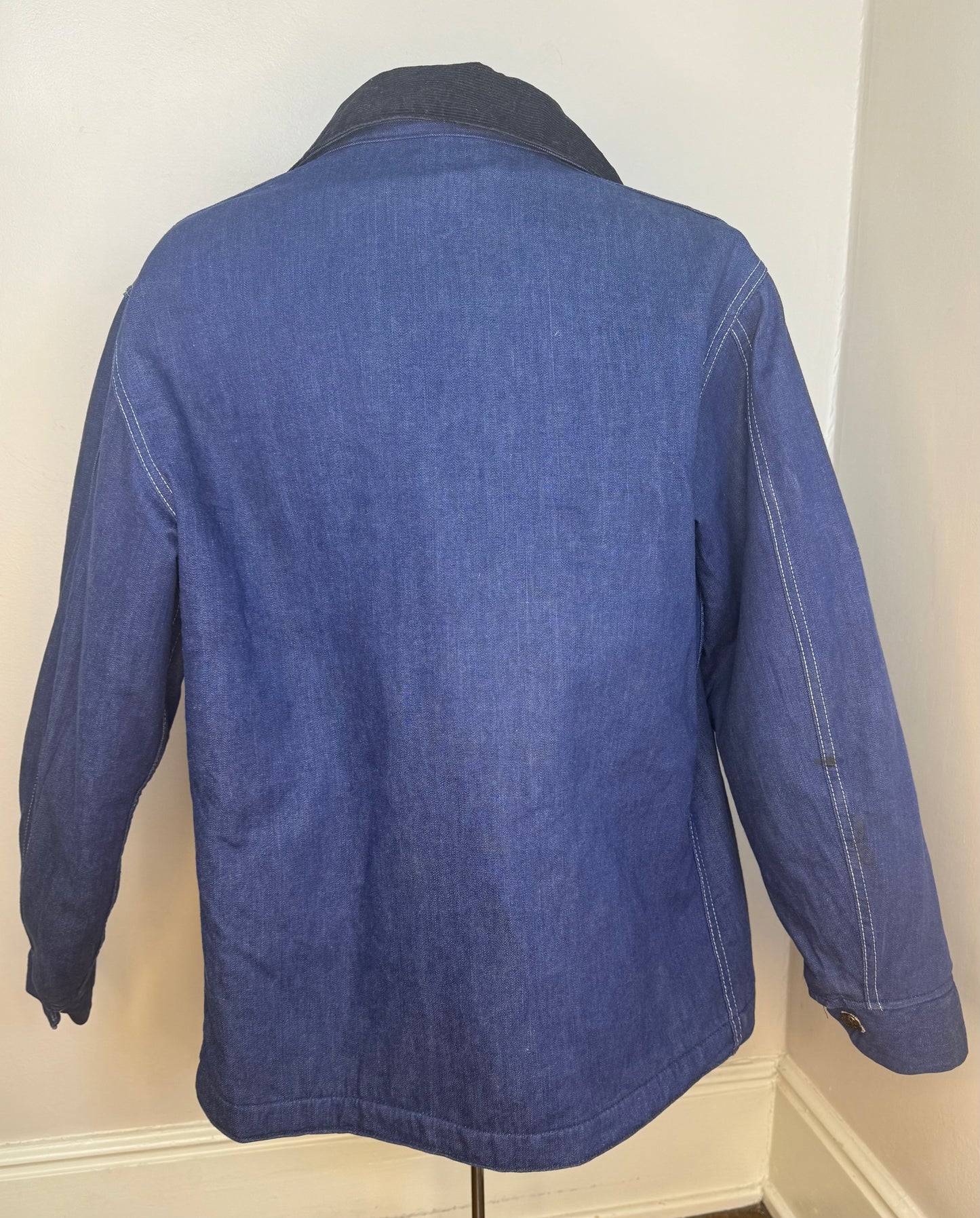 1970s Denim Chore Coat, Blanket Lined Jacket, Ely Size 44, Corduroy Collar