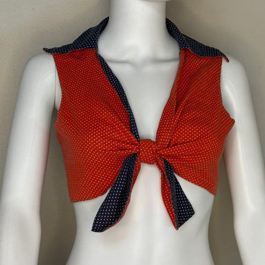 1970s Cropped Tie Front Reversible Blouse, Mr Topper Size M-L, Red and Navy Blue Polka Dot