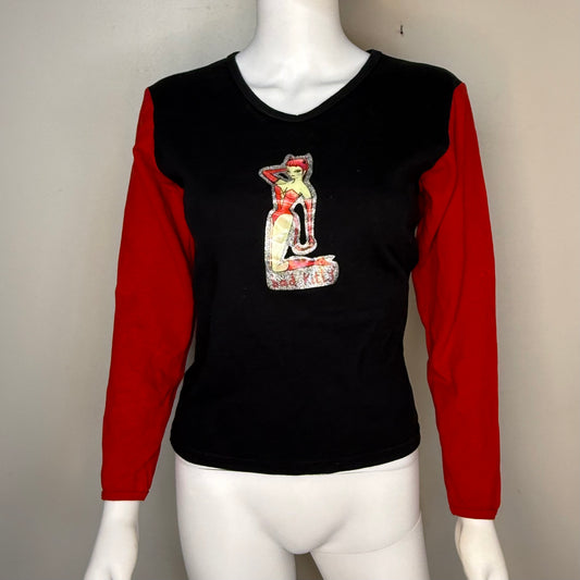 1990s/Y2K Bad Kitty Devil Girl Long Sleeve T-Shirt, Miss Anne Thrope by Archaic Smile Size S/M, Glitter